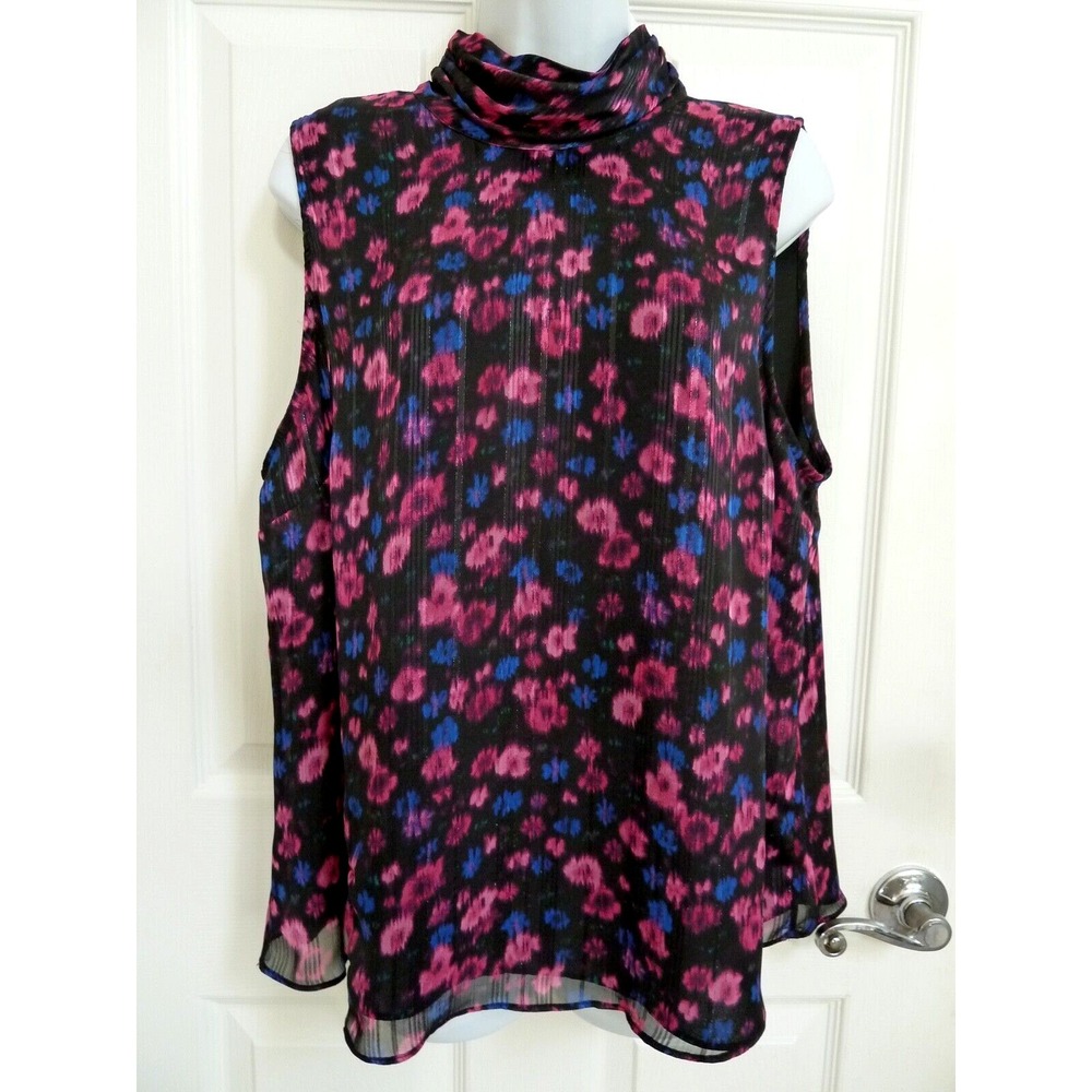 Vince Camuto Women Large Sleeveless High Neck Floral Blouse Black Purple Blue